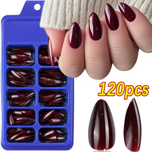 120Pcs Wine Red Press On Nails Medium Almond False Nail Tips Acrylic Full Cover Fake Fingertip for Dating/Party/Daily DIY Nails