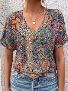 Loose V-neck T-shirt Casual Printed Street Style Polyester Short Sleeve Womens Top Summer Fashion Regular Fit T-Shirt