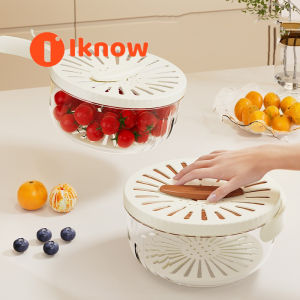 I know Kitchen with covered drainage basket household fruit washing refrigerator storage box thickened double-layer drainage vegetable washing basin