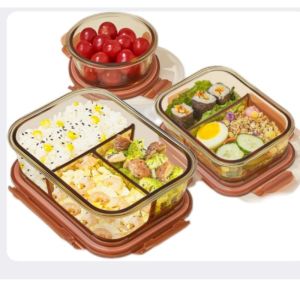 Glass Microwave Safe Lunch Box Partitioned ness Preservation Box Fruit Bento Box for Working Adults Rectangular Shape