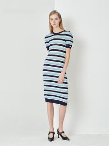 ชุดเดรสลายทางถัก MARYLING ฤดูใบไม้ผลิและฤดูร้อน สีเขียวฟองน้ำทะเล แขนสั้น เอวสูง กระโปรงทรงเอ ผ้าผสมโพลีเอสเตอร์และ Viscose