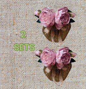 กิ๊ฟติดผมและเน็ตตาข่ายคลุมผม ดอกไม้โบตั๋นสีชมพูบัวตุ๋นคลาสสิคและโบว์เทปลูกไม้สีเบส