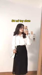 Aó sơ mi dài tay Nữ kiểu dáng tay chun viền bèo nhẹ nhàng tiểu thư