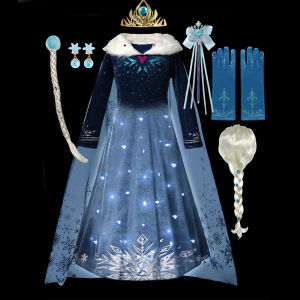 LED Light Up Esla Costume Winter Dress Fur Collar Halloween Disguise Party Girls Birthday Party Gowns Long Sleeve Girls Dresses