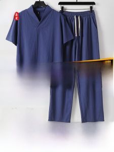 Summer Cotton Linen Short Sleeve T-Shirt V-Neck Zen Meditation Casual Wear Large Size Mens New Chinese Style Lay Brothers Clothes