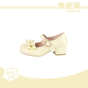 Low-Heeled Mary Janes with Butterfly Knots And Metal Buckles in Painted Leather Sheep Cream Puff Bear Footwear for Women