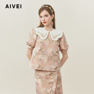Sweet Floral Embroidery Short Sleeve Doll Collar Chinese Style Top AIVEI Xinhe Aiwei Spring New Fashion Ladies Shirt