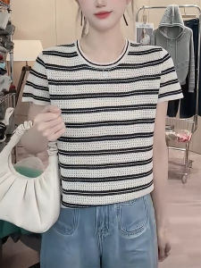 QINGNAER | Striped Color-block Hollow-out Loose-fitting Short Sleeve Knitwear
