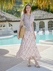 XIANGYING | Checkered A-line Skirt Wooden Edge Design Chiffon