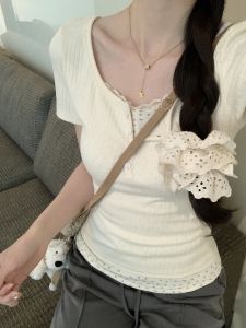 Pink Floral Short Sleeve T-Shirt Womens Slim Fit Short Style Top Korean Version Commute Creative Pattern Summer Fashion