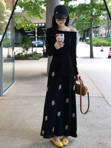 Ge·an·fei | Đầm Knit Ống Tay Dài Đen Off-Shoulder Thu