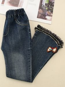 Girls Spring Autumn Cotton Denim Pants Embroidered Washed Soft Baby Trousers Casual High Waist Long Jeans for Kids Ages 5-14