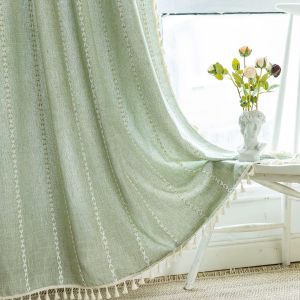 Green Boho Curtains Cotton Linen Weighted Stripes Embroidery Semi Blackout Bohemian Farmhouse Window Treatment Drape Tassels for Bedroom Living Room