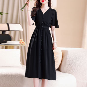 MAIMEI | Váy voan chữ A cạp cao mùa hè mới cho nữ Váy đi biển tay xếp ly cổ chữ V váy midi thanh lịch bằng polyester