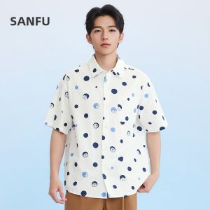 SANFU | All Over Polka Dot Mens Short Sleeve Shirt Flip Collar Drop Shoulder