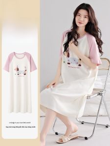 MiiOW | Áo ngủ cotton dài tay ngắn dễ thương cho nữ mùa hè Áo ngủ cotton nguyên chất có đệm ngực Áo mặc nhà một mảnh có thể mặc ngoài trời