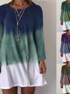 Loose Long Sleeve Womens Dress Street Style round Neck Casual Graduated Color A-Line Skirt Cotton Polyester Fabric Autumn Winter Fashion