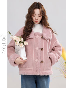YOUXIANG | Áo Khoác Đứng Cổ Da và Lông Pink Vintage Thời Trang
