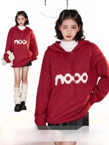 เสื้อสเวตเตอร์ถักมีฮู้ดสำหรับผู้หญิง ทรงหลวมสบาย ๆ หนา คอกลม แขนยาว ปกติ ฤดูใบไม้ร่วง/ฤดูหนาว เสื้อคลุมขนสัตว์ ความยาวปกติ โพลีเอสเตอร์