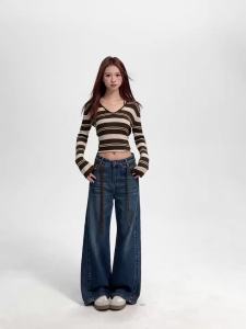 Womens Stretch Denim Trousers High Waist Wide Leg Loose Jeans Slimming Flowy Long Pants Retro Spring Fashion