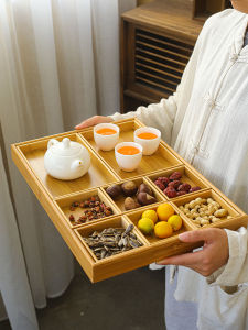 Bamboo Tea Tray Grid Snack Plate Home Use Living Room Tea Table Tea Brewing Tray Nut Storage Box Simple Rectangular Shape