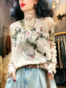 QINGNAER | French Retro Style Elegant Slimming Fall High-necked Floral Long Sleeve Top