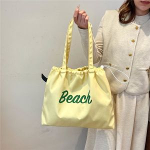 Túi Đeo Vai Vải Bố Cỡ Lớn Dành Cho Nữ Có Dây Rút Màu Trơn Thiết Kế Chữ Thích Hợp Đi Biển Và Mua Sắm