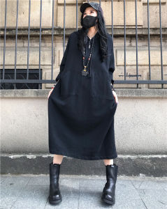 Casual Vintage High Waist Midi Dress Pure Color Asymmetrical Hemline Autumn Wear plus Size over Knee Long Dress Personality