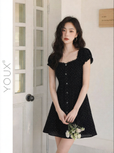 YOUXIANG | Đầm A-line Hè Đen Thanh Lịch Có Chấm Bi Cổ Vuông Pháp Dành Cho Ban Đêm