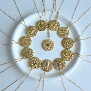 Womens 12 Constellation  Pendant Necklace Stainless Steel Gold Plated Zodiac Necklace Horoscope Necklace