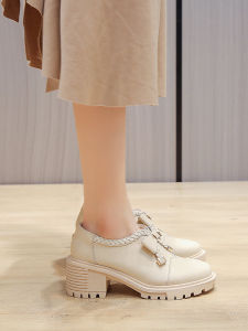 Spring 2024 Womens Fashion High Heels Thick Heel Single Shoes Butterfly Knot Gentle Leather Shoes Korean Style round Toe Glue Worn