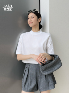 Loose High Waist mid Sleeve mid Neck Short T-Shirt Women Casual Commute Korean Style Pure Color Cotton U-Neck Top