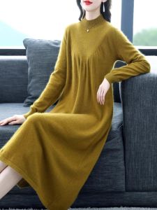 Mid-Length Knitted Cashmere Sweater Womens Loose Long Sleeve Pullover Semi-High Round Neck Pure Color Top for Autumn Winter