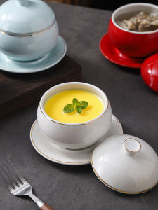 Gold Rimmed Ceramic Soup Bowl High End Hotel Restaurant Soup Casserole Dish Water Bath Cooking Utensils Postpartum Mealware