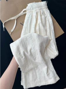 plus Size Khaki Wide Leg Casual Pants Women Summer Loose Drapey Lazy Rhinestone High Waist Straight Cut Trousers