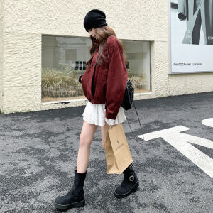 Retro Suede Short Jacket Womens Double-Buttoned Biker Style Stand Collar Autumn Fashion Casual Loose Fit Polyester Fiber