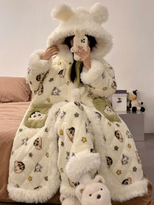 Winter Thickened Fleece Coral Velvet Robe Womens Style Cartoon Pijama Set with Cotton Sandwich Print Home Clothes