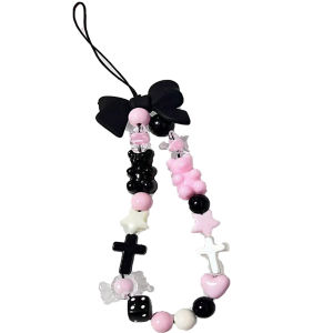 Sweet Cool Girl Butterfly Knot Phone Case Strap Black Pink Bear CCD Camera Pendant Beaded Mobile Phone Chain Ins Style