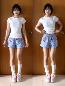 Quần Short Kẻ Sọc Họa Tiết Hoạt Hình Màu Xanh Lam Cho Nữ Mùa Hè Cạp Cao Dáng Chữ a Thể Thao Thường Ngày Nhiều Chất Dopamine