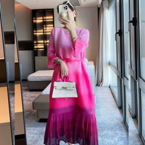 Autumn New Arrival Loose Pleated Midi Dress Womens Name Lady Gradient Color Belted Dress Three-Residence Style Blue Flared Sleeve