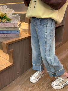 Sweet Girls Wide Leg Jeans Spring Autumn Style Childrens Fashion Straight Cut Long Pants Cotton Polyester Blend Elastic Waist