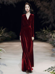 Velvet Evening Gown Long Style Womens High-End Luxury Chorus Performance Dress Korean Style Mid-Waist Long Sleeve Gown