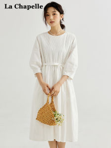 La Chapelle Casual round Neck Five-Quarter Sleeve Dress Womens Summer New High Waist Versatile Long Dress Commute Style Cotton