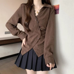 Elegant Lace Trimmed Shirt Womens Early Autumn High Waist Slim Fit Split V-Neck Long Sleeve Cotton Commute Style Fashionable