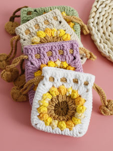 Granny Square Floral Drawstring Bag Coin Purse Earphone Case