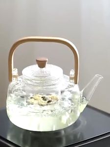 Teko One Two Cups Gagang Kayu Glass Teapot Tahan panas dengan saringan rempah herbal infuser