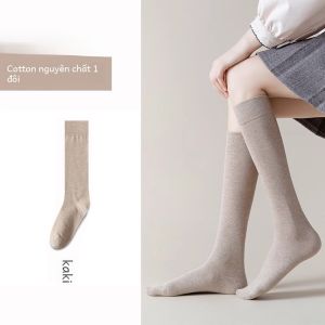 Tất Dài Đến Bắp Chân Bằng Cotton Nguyên Chất Cho Nữ Mùa Xuân Thu Thường Ngày Chống Trượt Màu Đen Thoáng Khí
