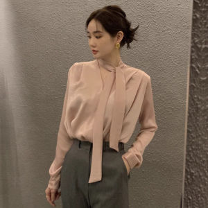 Elegant V-Neck Acetate Satin Shirt Womens Spring Autumn Unique Sash Fashionable French Style Age-Defying Top Korean Loose Fit