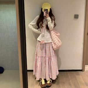 Váy Chữ a Dài Thường Ngày Màu Hồng Kẻ Caro Xếp Nếp Vá Váy Bánh Ngọt Rộng Rãi Che Phủ Nửa Thân Trên Mùa Xuân 2025
