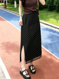 Polka Dots A-Line Midi Skirt High Waist Lace-Up Forked Black